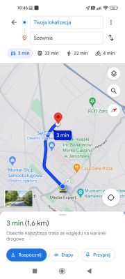 Zrzut ekranu z aplikacji mapowej z trasą z Twojej lokalizacji do Szewni.