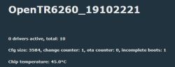 Screenshot showing “OpenTR6260__19102221” with driver status and chip temperature 45.0°C