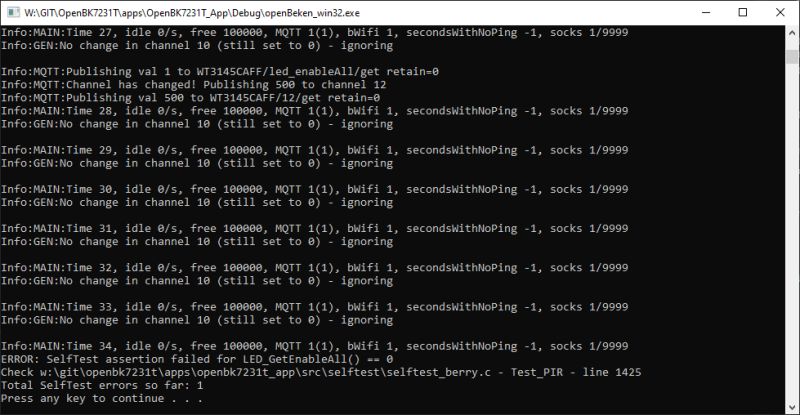 OpenBeken Application Logs in Console Window A console window running the OpenBeken program, displaying operation logs and debugging information.