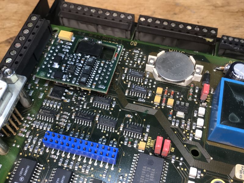 Interior of the old Saia PCD2.M120 automation controller with expansion modules