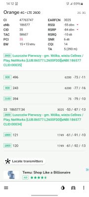 Zrzut ekranu aplikacji pokazujący parametry połączenia sieci LTE 2600 dla operatora Orange.