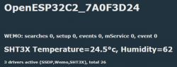 Screenshot showing readings from OpenESP32C2 system, indicating a temperature of 24.5°C and humidity of 62 from SHT3X sensor.