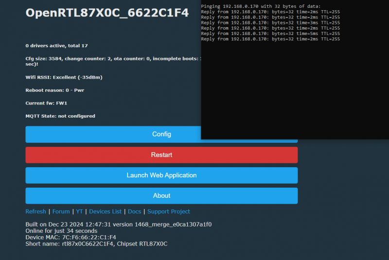 Screenshot of OpenRTL device interface with configuration menu and ping response.