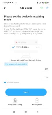 App screenshot for adding a device, showing 2.4GHz WiFi selection for pairing.