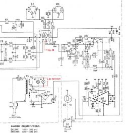 Schematu elektronicznego starego radia Unitra Diora Taraban 2 DMP-602 z zaznaczonymi punktami podłączenia modułu Bluetooth.