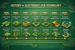 Infographic showing PCB technology history from the 1950s to the 2010s.