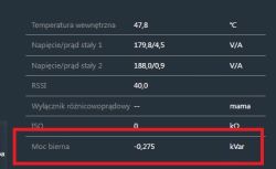 Wartość mocy biernej -0,275 kVAr w czerwonej ramce na ekranie pomiarowym