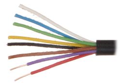 Zbliżenie na rozcięty wielożyłowy kabel telekomunikacyjny z izolowanymi przewodami w różnych kolorach.