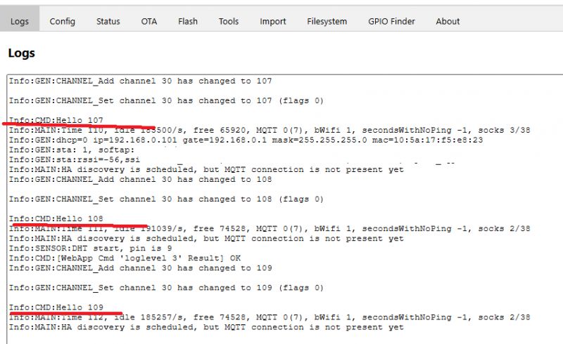 Screenshot showing a log with information about channels and network settings.