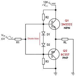 Class AB Amplifier Circuit Diagram with Diodes Circuit diagram of a push-pull transistor amplifier with biasing diodes.