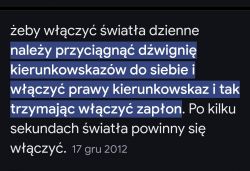 Tekst instrukcji włączania świateł dziennych za pomocą dźwigni kierunkowskazów