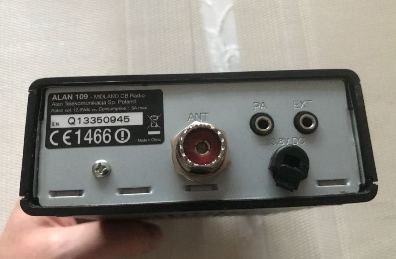 Back of Midland Alan 109 CB Radio Rear of Midland Alan 109 CB radio with labels and ports.