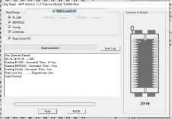 Zrzut ekranu programu do odczytu pamięci mikrokontrolera ATMega8535 w programatorze TL866II-Plus.