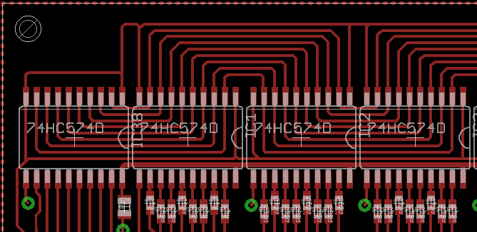 PCB Track Design with 74HC240 ICs Close-up of PCB track design with 74HC240 ICs.