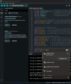 Arduino IDE with ESP32 project open and Wi-Fi networks list visible
