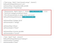 Screenshot of TuyaMCU configuration code with settings for voltage, current, and power measurements.