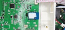 Circuit Board with CB3S Module Circuit board layout with a CB3S module on a green electronic board.