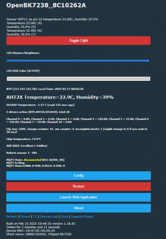 OpenBK7238_8C10262A user interface displaying sensor temperature and humidity data.