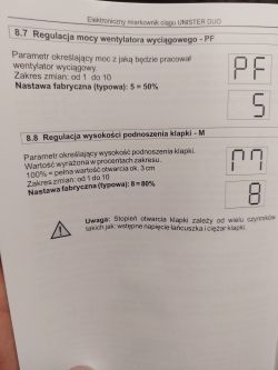 Strona z instrukcji do sterownika Unister Duo z parametrami regulacji wentylatora i klapki.
