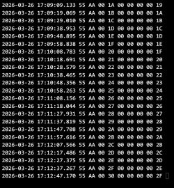 Terminal screenshot with timestamped logs and hex byte sequences, including “55 AA 00”.