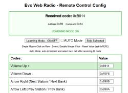 Screenshot of Evo Web Radio IR remote config with learning mode and a table of button codes