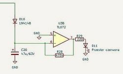 Schemat układu elektronicznego z diodą D10, kondensatorem C20 i wzmacniaczem U3B TL072.