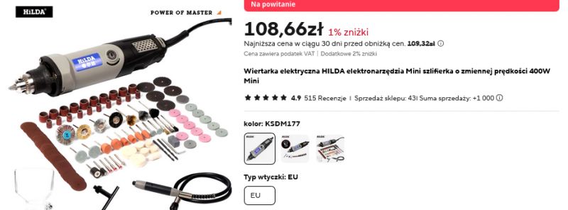 Zestaw narzędzi elektrycznych HILDA z akcesoriami, w tym tarczami szlifierskimi i wiertłami.