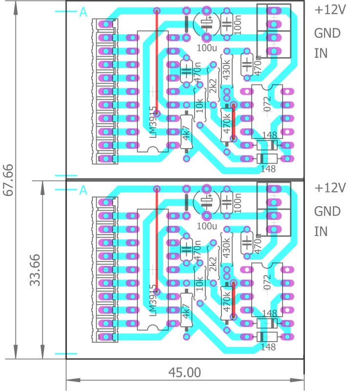 PCB design for an electronic circuit with components and traces.