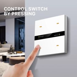 Modern Touch Wall Switch A hand presses a modern, square wall switch with four touch points and a black stripe in the middle.