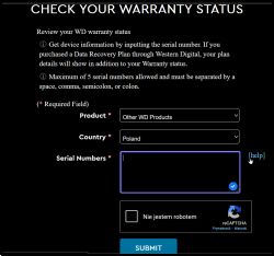 Strona do sprawdzania statusu gwarancji WD z polami wyboru produktu, kraju, numerów seryjnych oraz reCAPTCHA.