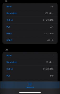 Zrzut ekranu ustawień sieci 5G i LTE na smartfonie.