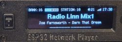 ESP32 display showing Radio Linn Mix1 station and Joe Farnsworth track playing.