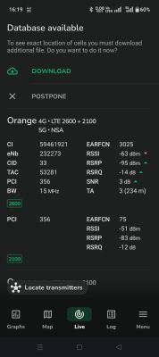 Ekran aplikacji NetMonster pokazujący parametry sieci LTE i 5G Orange z zasięgu zewnętrznego