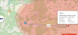 Mapa zasięgu z linią 50 km i oknem: Kanał 9, Gniezno/Chojna, ERP 40 kW