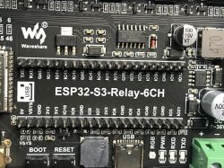 Waveshare ESP32-S3-Relay-6CH board with visible components Waveshare ESP32-S3-Relay-6CH board with labeled pins and electronic components