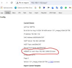 Screenshot showing device configuration with details like uptime, IP, and WEBAPP URL.