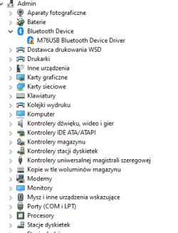 Zrzut ekranu z Menedżera urządzeń Windows z błędem sterownika Bluetooth M76USB.
