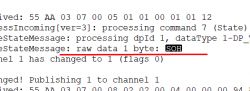 Screenshot showing a communication log entry with the annotation raw data 1 byte: SOH.