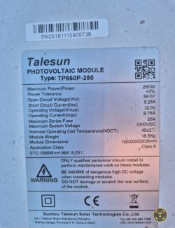 Etykieta informacyjna panelu fotowoltaicznego Talesun TP660P-280 z podstawowymi parametrami technicznymi.