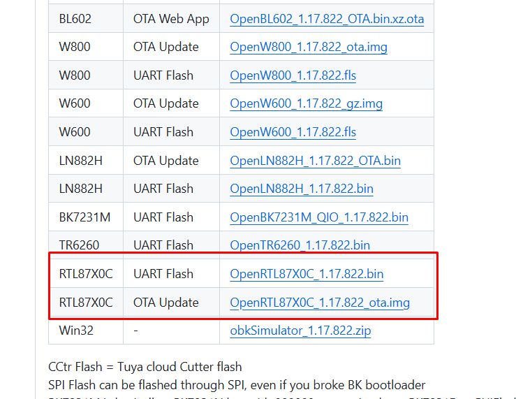 Screenshot of the tool table for device flashing Screenshot of a table with flash files for various devices, with highlighted entries for RTL87X0C.
