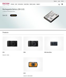 Zrzut ekranu strony Ricoh z baterią DB-110 i kompatybilnymi aparatami