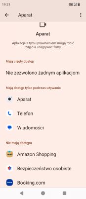 Zrzut ekranu z ustawień dostępu aplikacji do aparatu