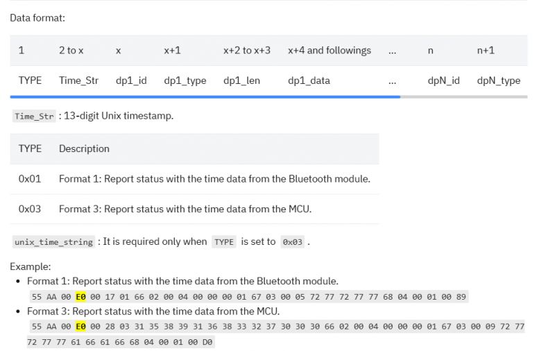 Screenshot showing data format for report types 0x01 and 0x03 from Bluetooth and MCU modules.