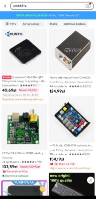 Zrzut ekranu z wynikami wyszukiwania „cm6631a” w aplikacji zakupowej z ofertami układu i interfejsów audio.