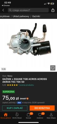 Gaźnik z ssaniem do skutera TGB, widok z boku z widocznymi przyłączami