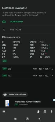 Zrzut ekranu z aplikacji NetMonster wyświetlający dane sieci komórkowej Play na paśmie LTE 1800.