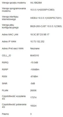 Screen z informacji technicznych routera zawierający dane sygnału i parametry sieciowe.