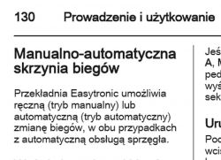 Tekst z instrukcji obsługi dotyczący manualno-automatycznej skrzyni biegów.