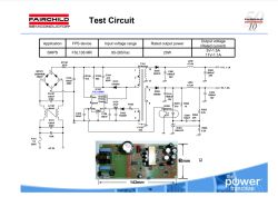 Testschema eines SMPS-Netzteils und Foto der bestückten Leiterplatte.