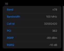 Zrzut ekranu pokazujący parametry sieci 5G: band n78, szerokość pasma 100 MHz, Cell Id 32592420, PCI 362, RSRP -89 dBm, RSRQ -10 dB.